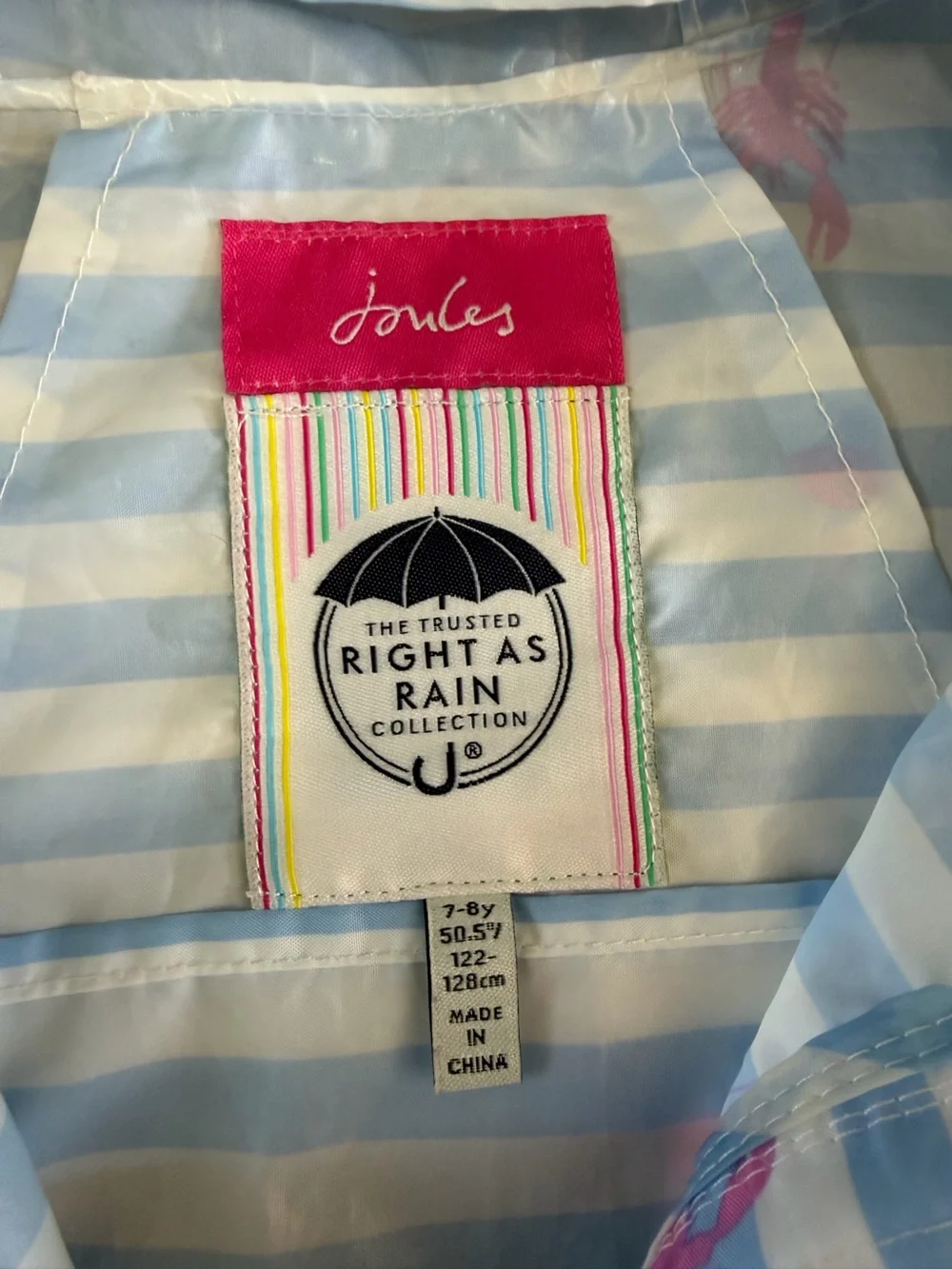 Joules Light Blue & White Striped Hooded Raincoat with Pink Lobsters